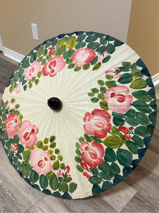 Other - Hand-Painted Floral canvas and bamboo Parasol - Pink Roses on Cream